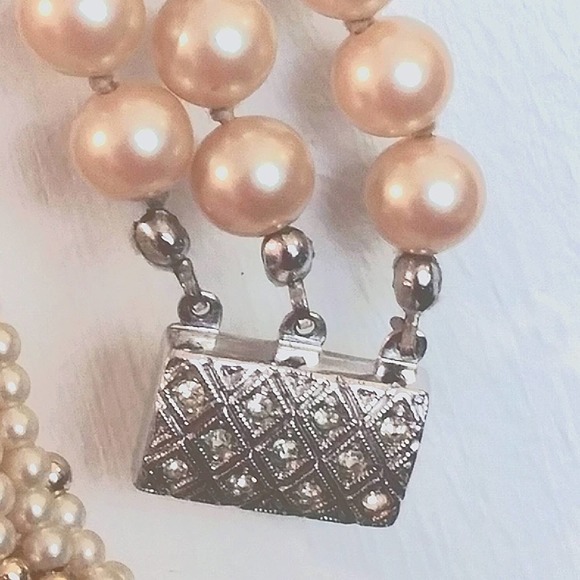 VINTAGE Triple Strand Glass PEARL BRACELET 800 Pure Silver w Crystals Diamonds - Picture 3 of 7